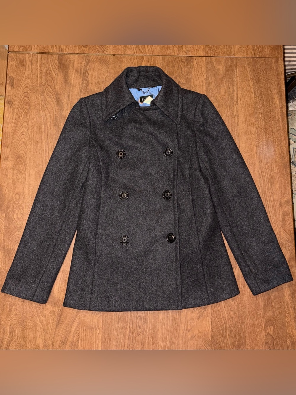 Womens Charcoal Double-Breasted Wool Blend Peacoat